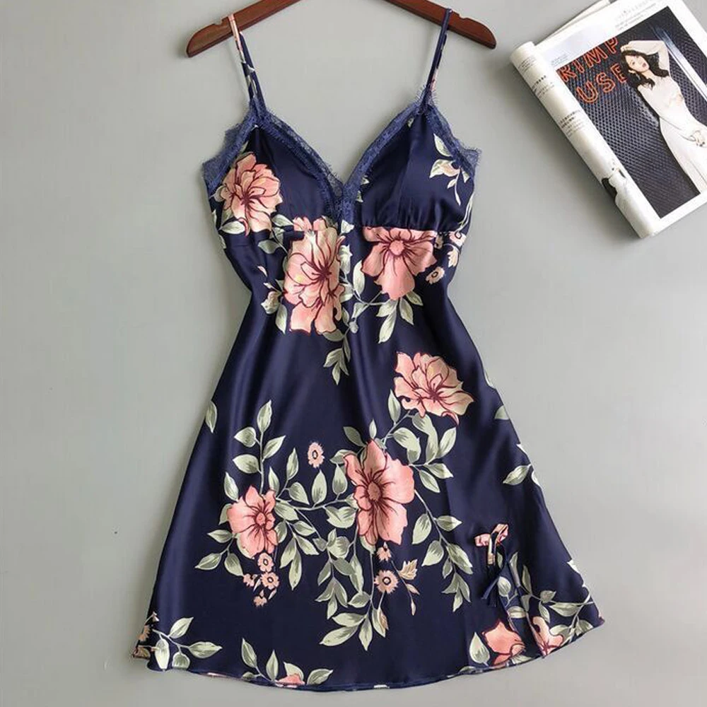 Women Sexy Pajamas Satin Sleepwear V-neck Print Lace Nightwear Nightdress Sexy Lingerie with Chest Pads Femme Home Wear Dress 
Women Sexy Pajamas Satin Sleepwear V-neck Print Lace Nightwear Nightdress Sexy Lingerie with Chest Pads Femme Home Wear Dress