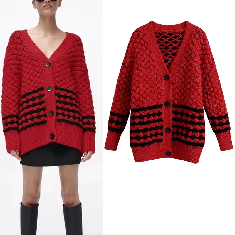 Za Winter Stripe Print Woman's Knitted Cardigan Sweater Thicken Warm Oversized Loose Pullover Sweater V-neck Long Sleeve Sweater 
Za Winter Stripe Print Woman's Knitted Cardigan Sweater Thicken Warm Oversized Loose Pullover Sweater V-neck Long Sleeve Sweater