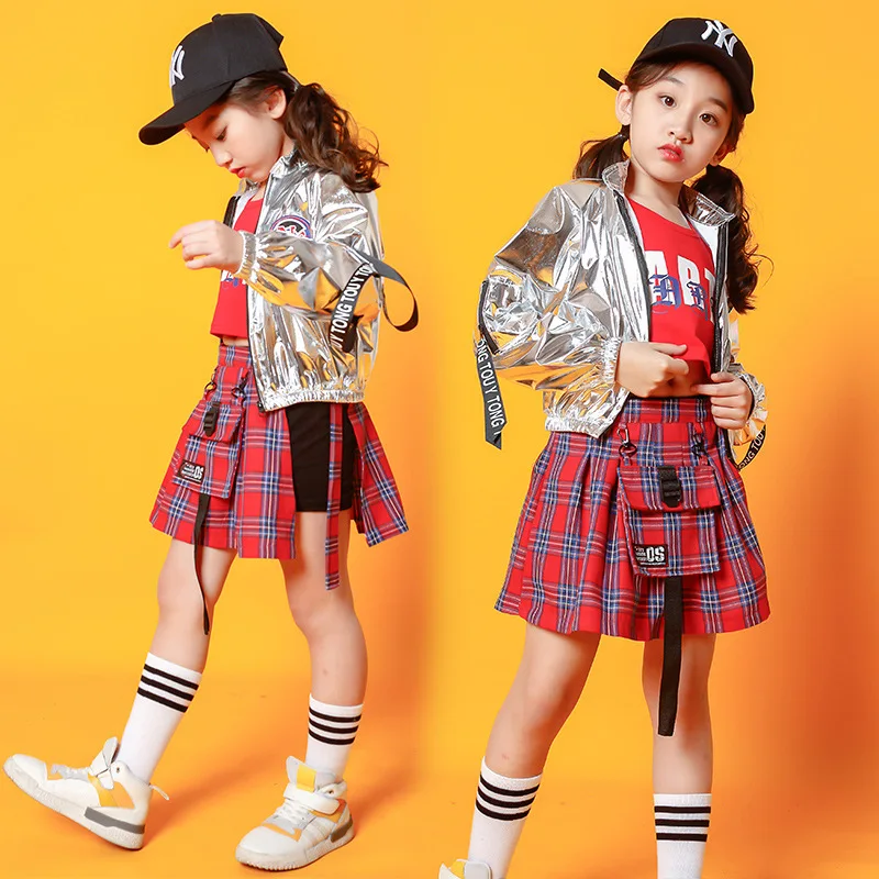Girls Street Dance Silver Jacket Mini Skirt Kids Jazz Culottes Hip Hop Crop Tank Top Child Clothes Sets Plaid Pantskirt Costume
Girls Street Dance Silver Jacket Mini Skirt Kids Jazz Culottes Hip Hop Crop Tank Top Child Clothes Sets Plaid Pantskirt Costume