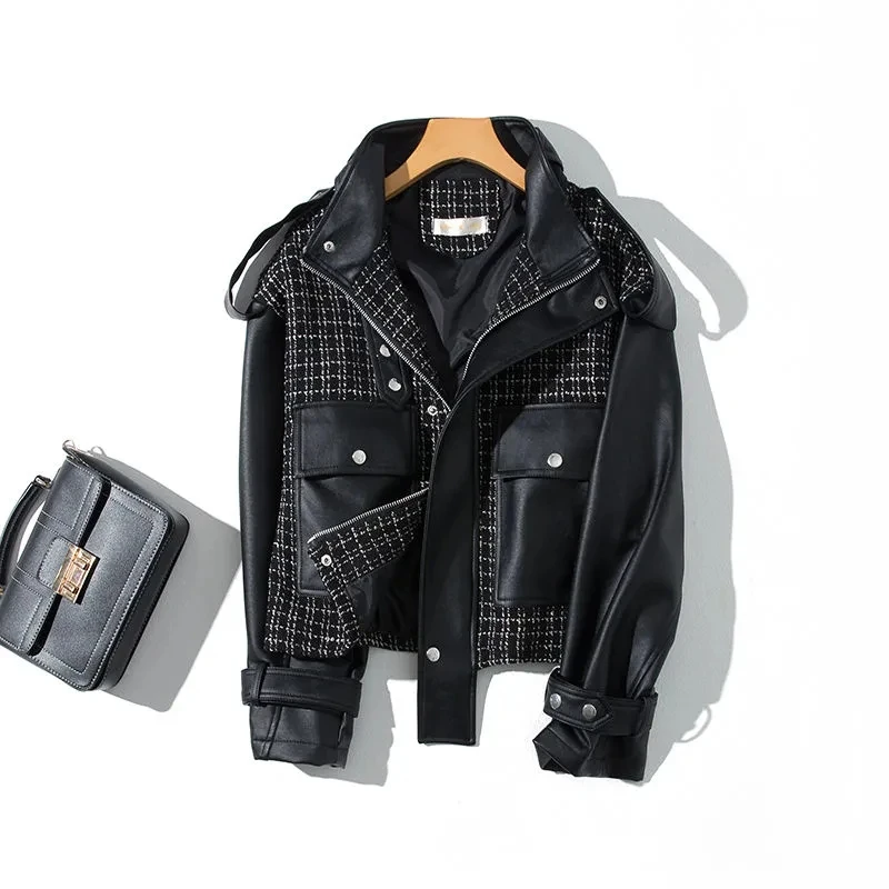 New Arrival PU Leather Jacket Coat Women Splice Wool Coats Ladies Short Slim Leather Jackets Locomotive Bomber Cool Coat Tops
New Arrival PU Leather Jacket Coat Women Splice Wool Coats Ladies Short Slim Leather Jackets Locomotive Bomber Cool Coat Tops