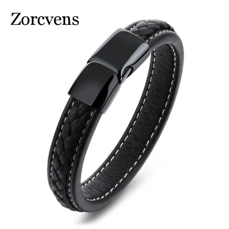 

ZORCVENS Customize Name Leather Bracelets for Men Glossy Stainless Steel Layered Braided Bangle Personalized DAD Husband Gift