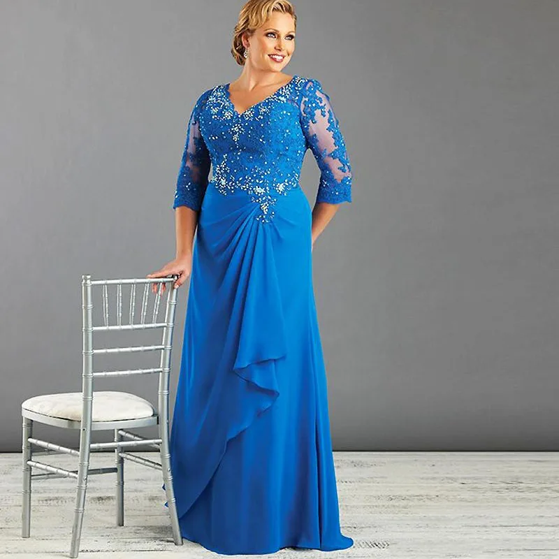Latest Charming Blue Lace Mother of the Bride Dresses V Neckline with 3/4 Sleeves Wedding Party Dresses Back Out Appliqued Beads
Latest Charming Blue Lace Mother of the Bride Dresses V Neckline with 3/4 Sleeves Wedding Party Dresses Back Out Appliqued Beads