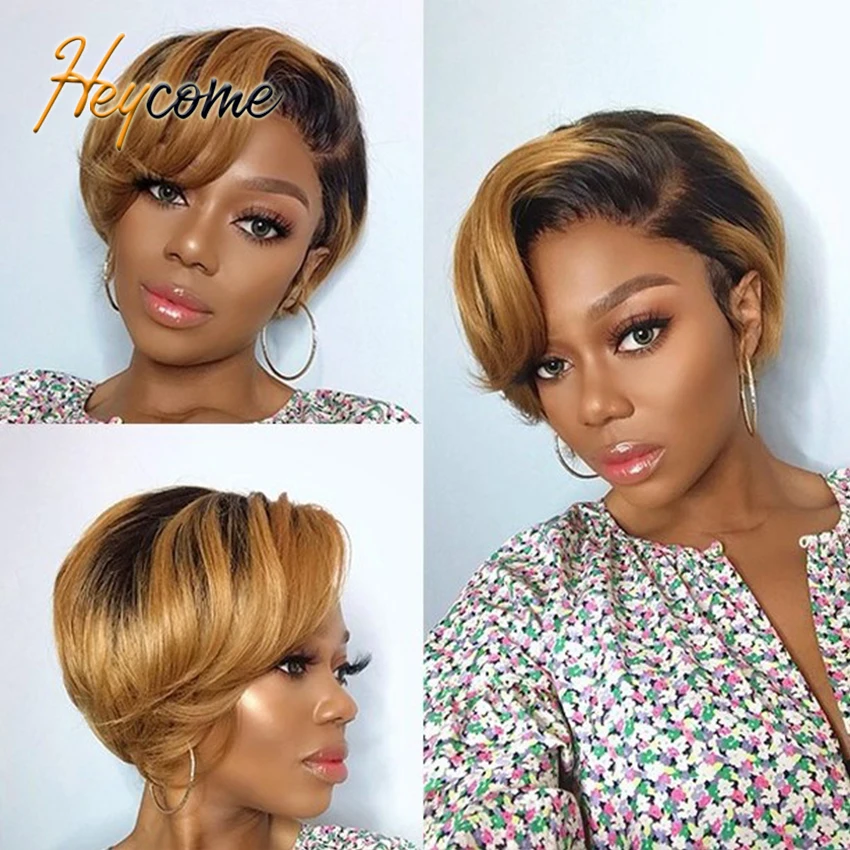 

Heycome 6 8 Inch Short Bob Straight Pixie Cut Human Hair Wig Ombre Honey Blonde T Part Lace Wigs For Black Women Pre Plucked