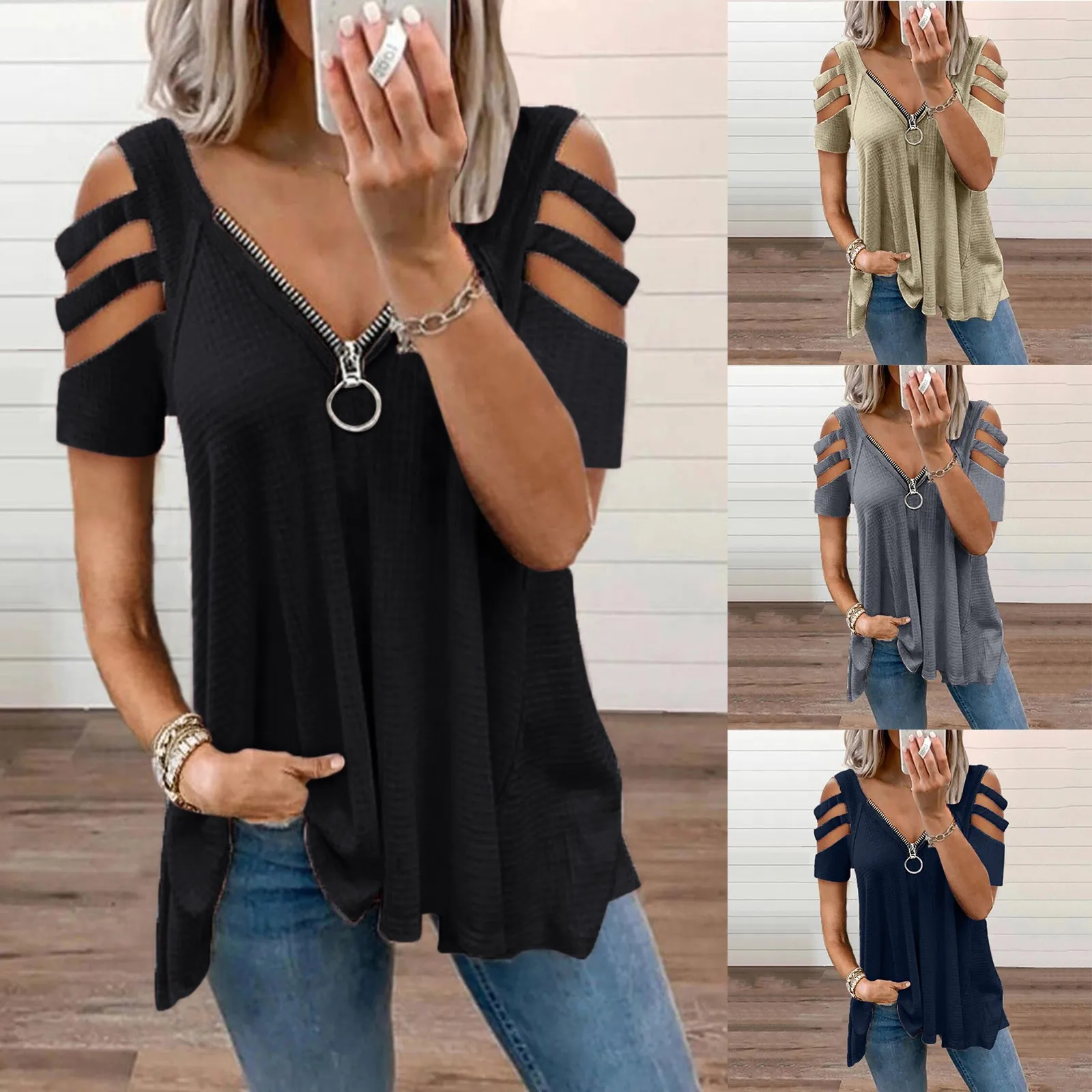Women Sexy V-neck Collar Zipper Color Short Sleeve Fold Casual Blouse Tops Summer Elegant Femal Casual Bottom Top Plus Size Saco
Women Sexy V-neck Collar Zipper Color Short Sleeve Fold Casual Blouse Tops Summer Elegant Femal Casual Bottom Top Plus Size Saco