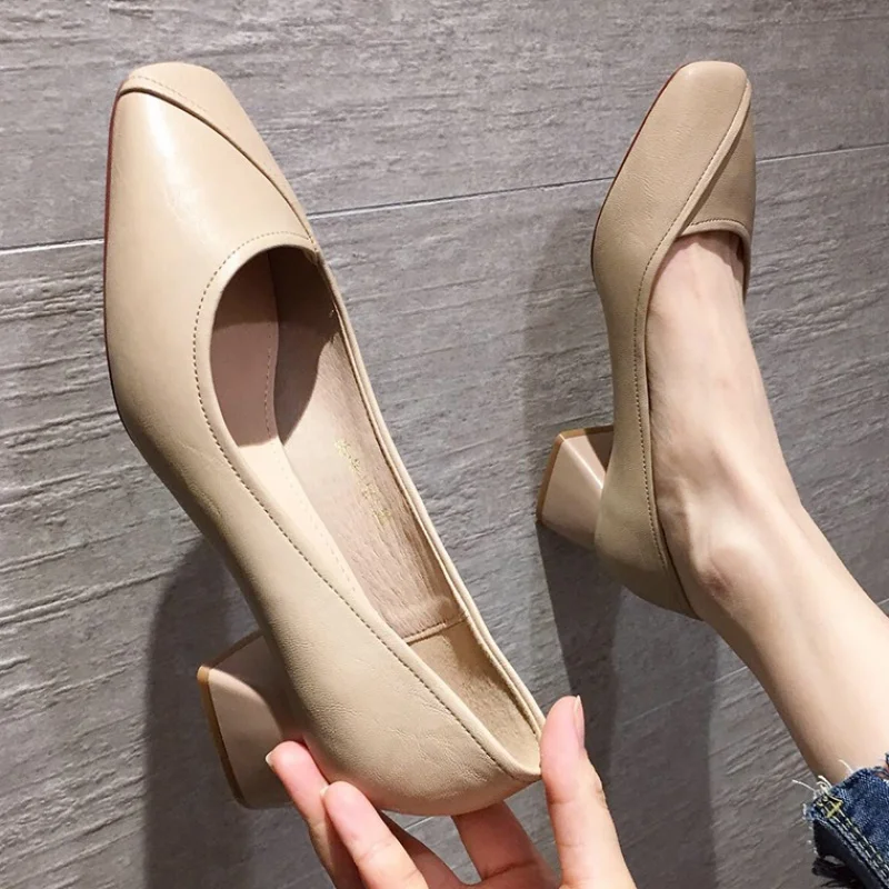 

Brand Women Square Toe Shallow Dress Office Ladies Pumps Solid Brief Chunky High Heels Comfy Slip on Work Shoes Footwear