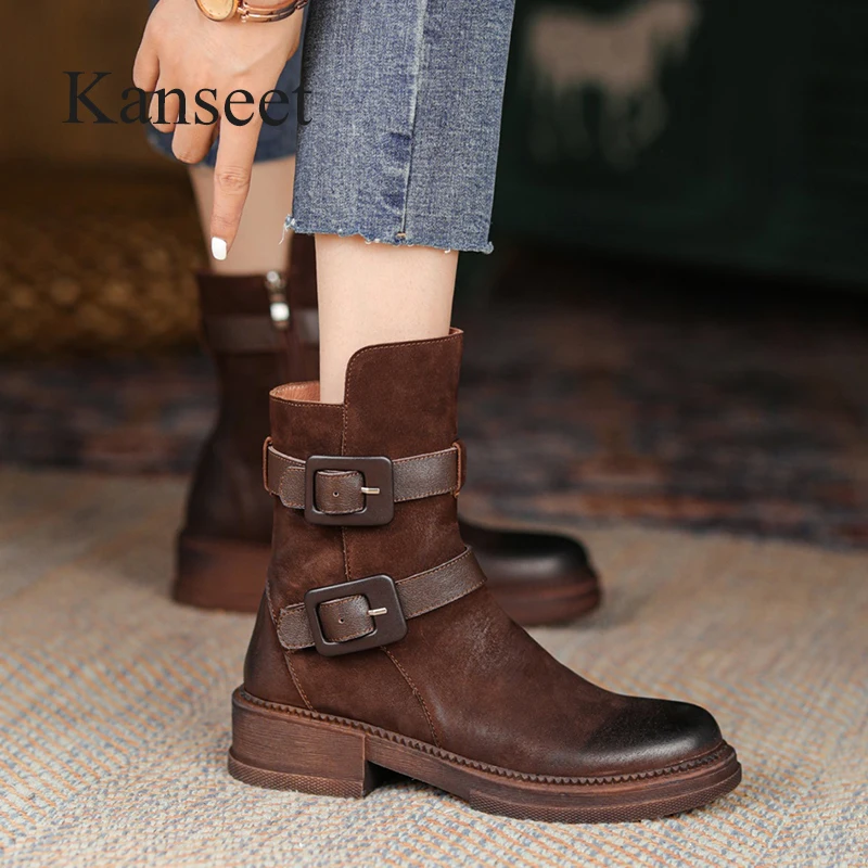 Kanseet Vintage Martin Boots Women Ankle Boots New Autumn Winter Round Toe Belt Buckle Genuine Leather Brown Thick Heels Shoes
Kanseet Vintage Martin Boots Women Ankle Boots New Autumn Winter Round Toe Belt Buckle Genuine Leather Brown Thick Heels Shoes