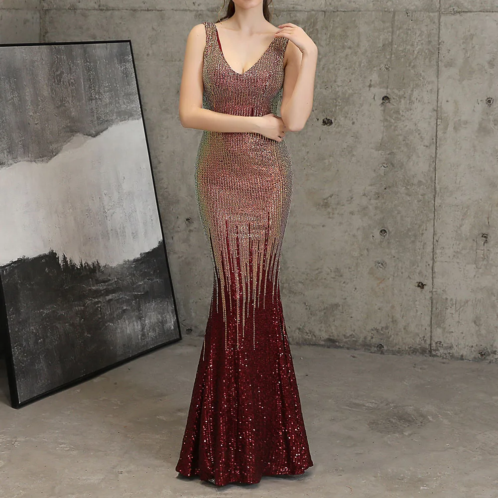 Dark Blue Sparkly Mermaid Evening Dress Women Beading Sleeveless Party Long Dresses V Neck Wedding Formal Gowns Elegant Robe | Свадьбы и