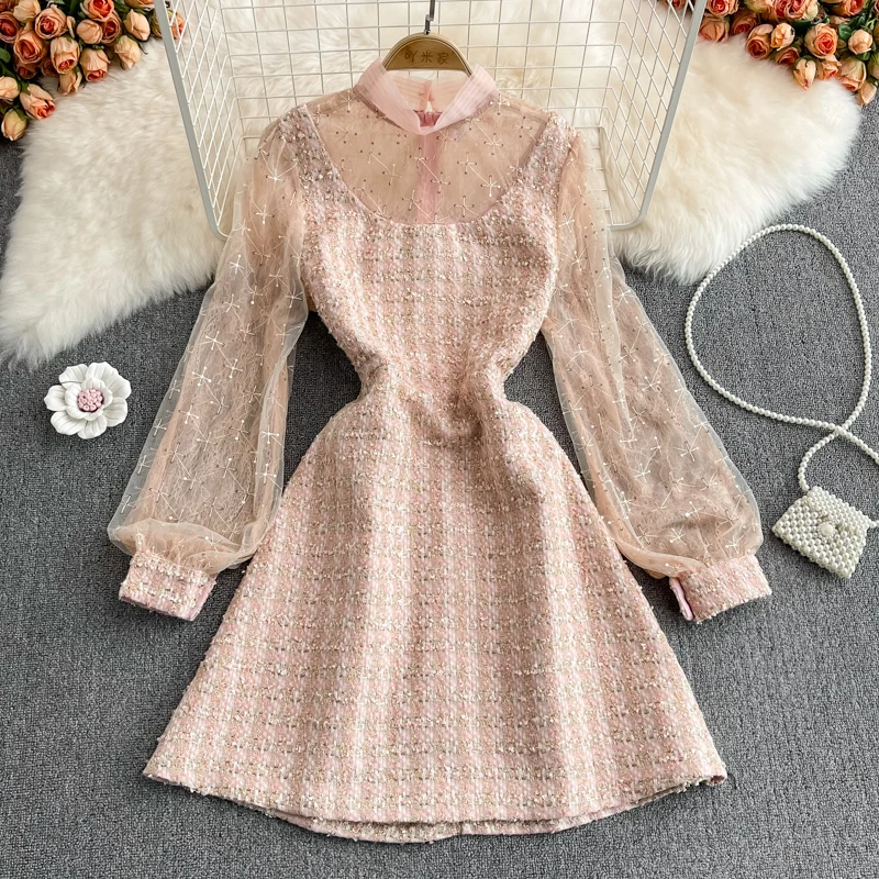 Amolapha Модное Элегантное твидовое клетчатое лоскутное платье с высокой талией и рукавами-фонариками 
Amolapha Модное Элегантное твидовое клетчатое лоскутное платье с высокой талией и рукавами-фонариками