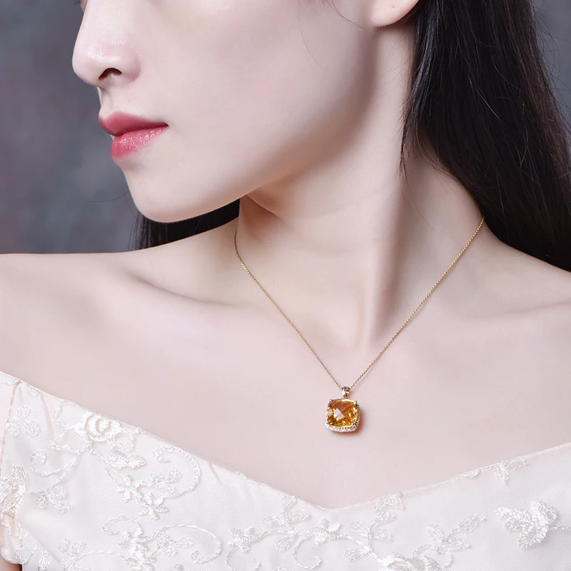 Natural Citrine Pendant Necklace 925 Sterling silver Woman Fine Elegant Crystal Gem Jewelry Square Birthstone Luxury Girl Gift | Украшения