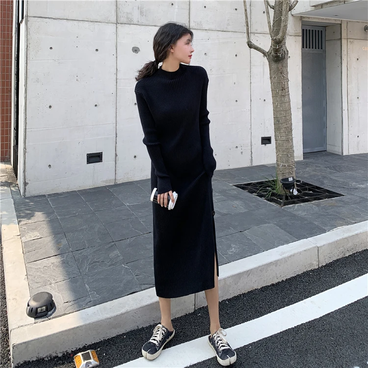 Winter Split Midi Korean Chic Buttons Long Sleeve Dress Women Warm Solid Color Black Robe Femme Vintage Knitted Sweater Dress
Winter Split Midi Korean Chic Buttons Long Sleeve Dress Women Warm Solid Color Black Robe Femme Vintage Knitted Sweater Dress