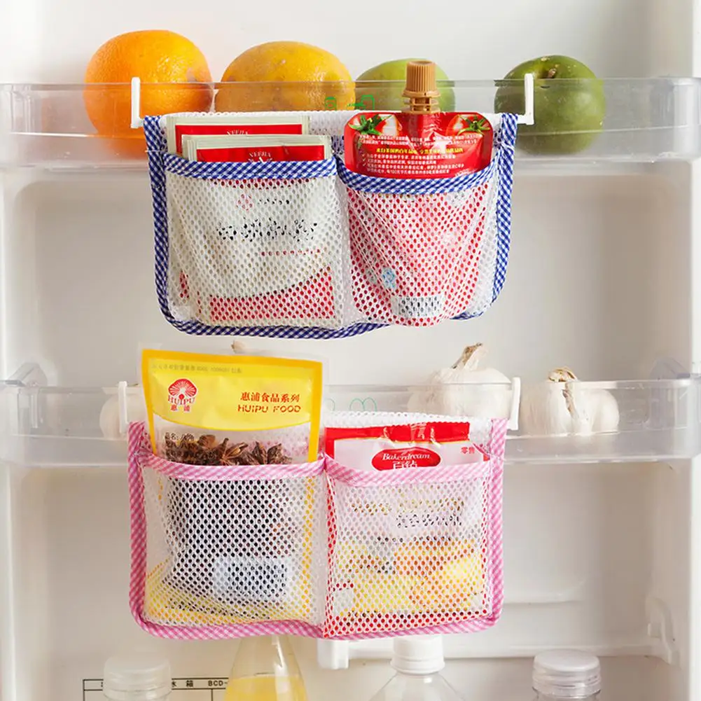 

2 Pockets Fridge Hanging Bag Food Condiment Bag Organizer Holders with 2 Hooks for Kitchen Refrigerator 22*13cm