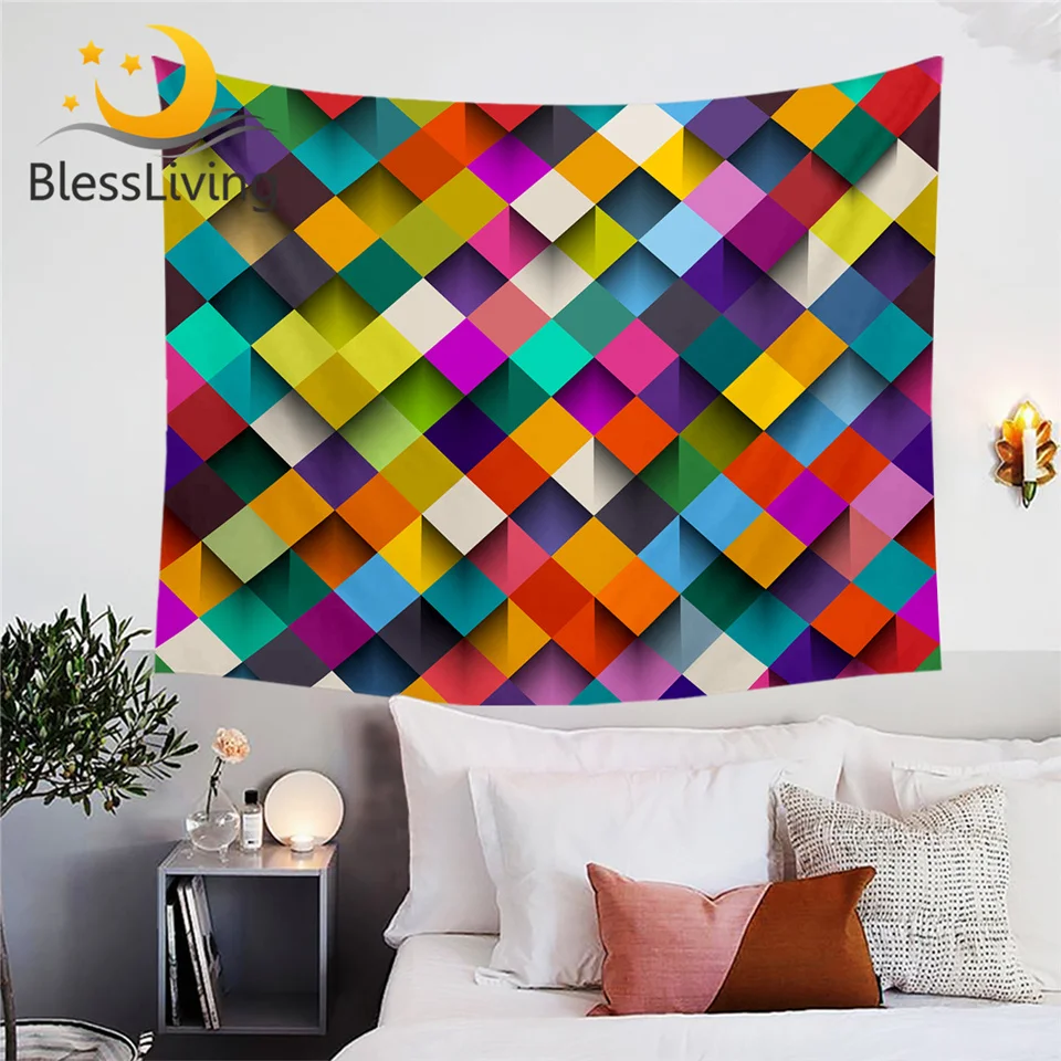 

BlessLiving Squares Tapestry Wall Hanging Colorful Decorative Wall Carpet 150x200cm Bedspreads Shadows Bed Sheets Home Decor