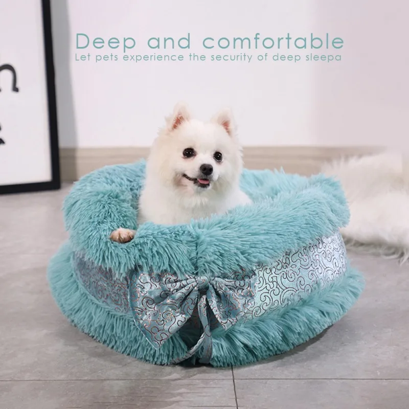 

Pet Dog Bed Kennel Super Soft Round Cat Warm Sleeping Bag Long Plush Puppy Cushion Mat Cute Bowknot Cat Bed Pet Supplies