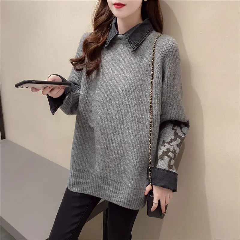 Fake two shirts cowboy collar stitched sweater women's loose Korean lazy sweater spring 2021 new top
Fake two shirts cowboy collar stitched sweater women's loose Korean lazy sweater spring 2021 new top