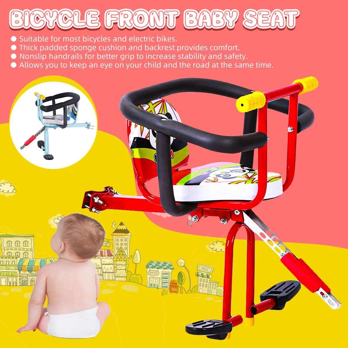 Safety Child Bicycle Seat Bike Front Baby Seat Kids Saddle with Foot Pedals Support Back Rest Nonslip Handrail for MTB Road Bike
Safety Child Bicycle Seat Bike Front Baby Seat Kids Saddle with Foot Pedals Support Back Rest Nonslip Handrail for MTB Road Bike