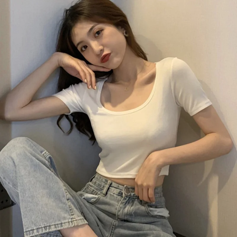 Women Crop Top Kawaii T-shirt Short Sleeve Square Neck Ladies T-shirt Solid Color Women Clothing Sweet Casual Wear
Women Crop Top Kawaii T-shirt Short Sleeve Square Neck Ladies T-shirt Solid Color Women Clothing Sweet Casual Wear