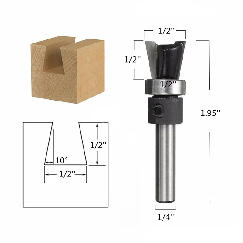 1/4 Inch Shank Carbide Dovetail Joint Router Bit 10 Degree Cutting Angle Milling Cutter With 1/2'' Bearing Power Tools
1/4 Inch Shank Carbide Dovetail Joint Router Bit 10 Degree Cutting Angle Milling Cutter With 1/2'' Bearing Power Tools