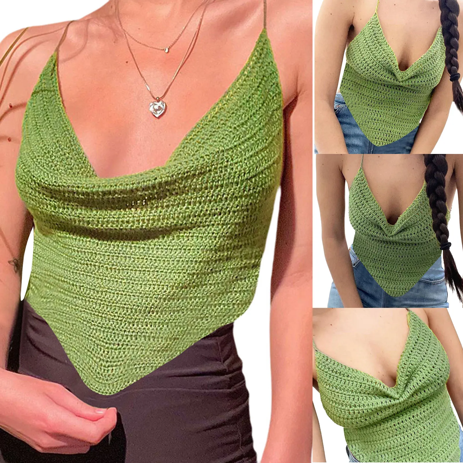 

Womens Chic Sleeveless Cowl Neck Self-Tie Backless Crochet Camisole Halter Crop Cami Tops Green Summer Spring Fall Comfortable