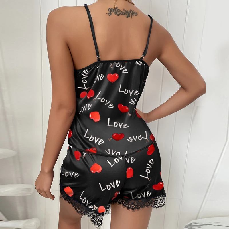 Sexy LOVE Heart Print Lady Soft Satin Sleepwear Women Lace Shorts Two Piece Sets Pajamas Summer V-neck Vest Tops Suits Homewear
Sexy LOVE Heart Print Lady Soft Satin Sleepwear Women Lace Shorts Two Piece Sets Pajamas Summer V-neck Vest Tops Suits Homewear