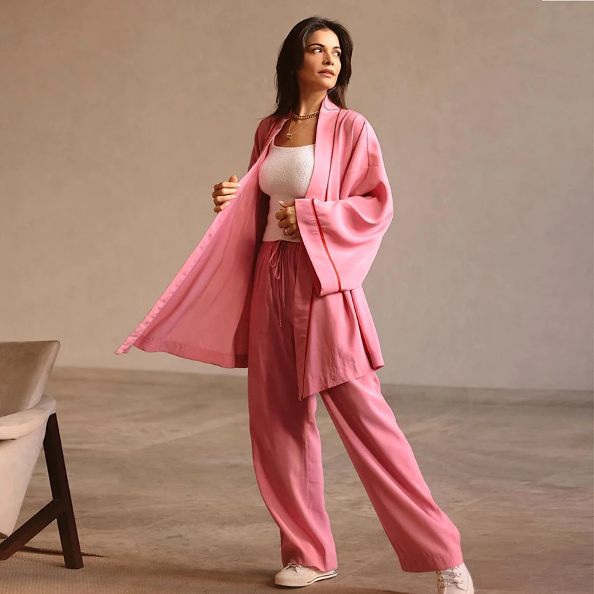 

Пижамный комплект Hiloc женский с расклешенными рукавами, комплект розового цвета, халаты с брюками и поясом, ночнушка, одежда для сна, осень