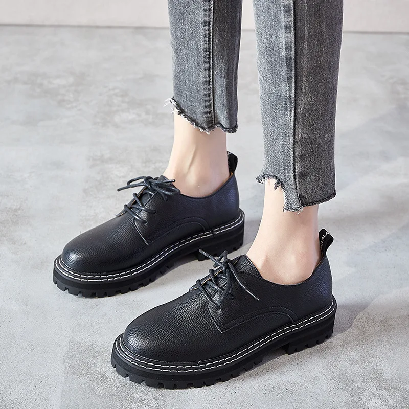 TIMETANGWomen Leather Shoes 2020 New British Style Lace Up Luxury Moccasins Platform Shoes Women Designers