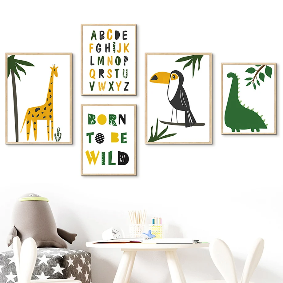 

Jungle Animal Giraffe Toucan Dinosaur Alphabet Wall Art Canvas Painting Nordic Posters And Prints Wall Pictures Kids Room Decor