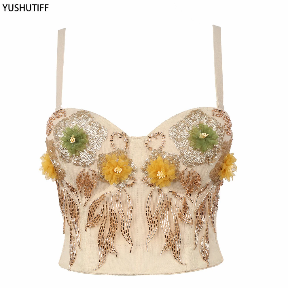 

Summer 2022 Sexy Female Corset With Cup Beaded Flowers Nightclub Party Women Cami In Bra Cropped Crop Top Push Up Breast YH1179