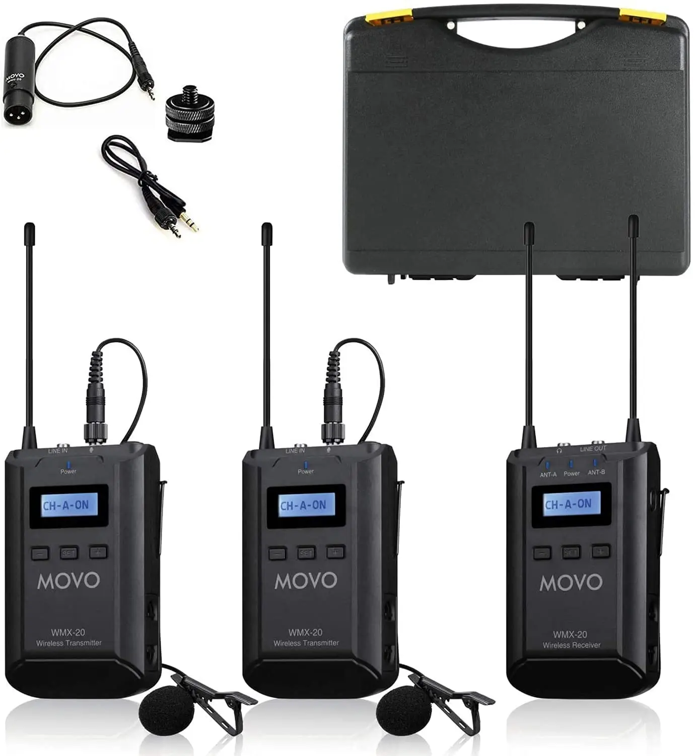 

Movo WMX-20-DUO 48-Channel UHF Wireless Lavalier Microphone System with 1 Receiver, 2 Transmitters, and 2 Lapel Microphones