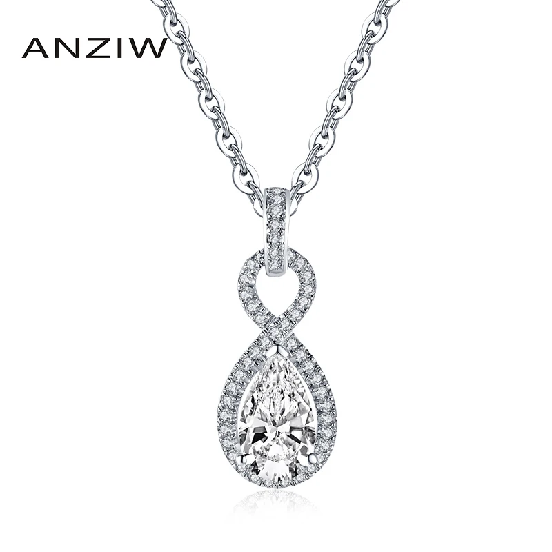 ANZIW 925 Стерлинговое Серебро 2.0ct груша псевдо бриллиант ожерелье с подвеской для