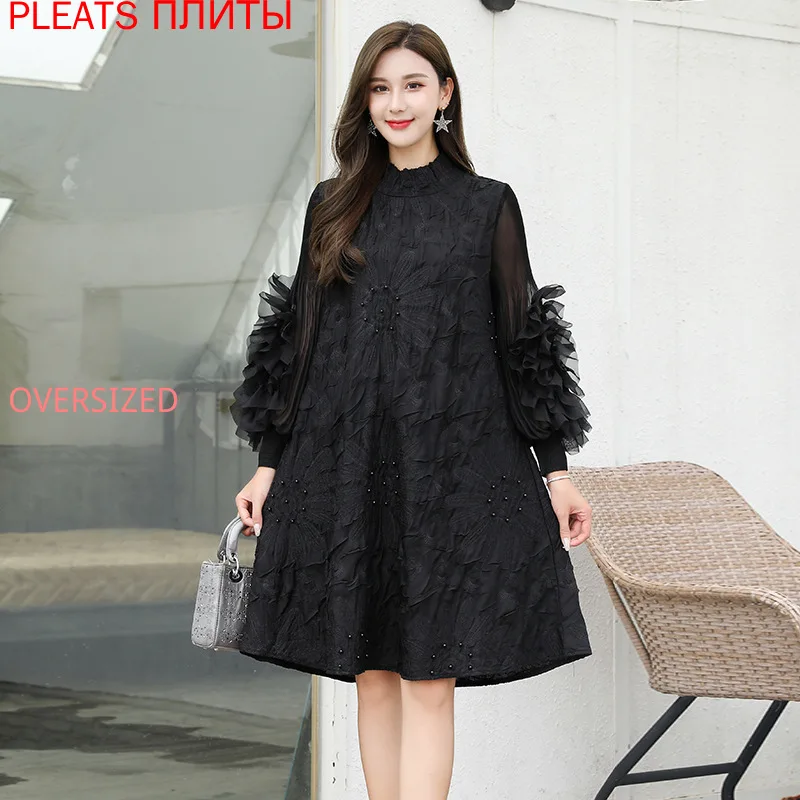

Autumn and Winter French Dress Heavy Industry Embroidery Shows Thin Temperament Light Ripe MIYAKE Pleats Vestido De Mujer Robes