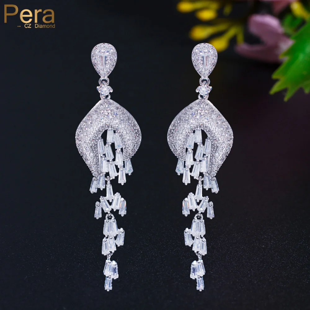 

Pera Elegant Long Tassel Drop Cubic Zirconia Women Evening Party Symmetrical Dangle Earrings with Silver Colour Jewelry E003