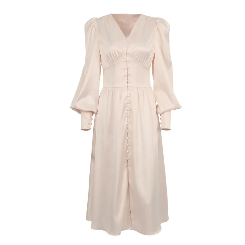 The New Satin Dress Women's Design Lantern Sleeves Waist Show Thin European and American Temperament Slim Dress
The New Satin Dress Women's Design Lantern Sleeves Waist Show Thin European and American Temperament Slim Dress