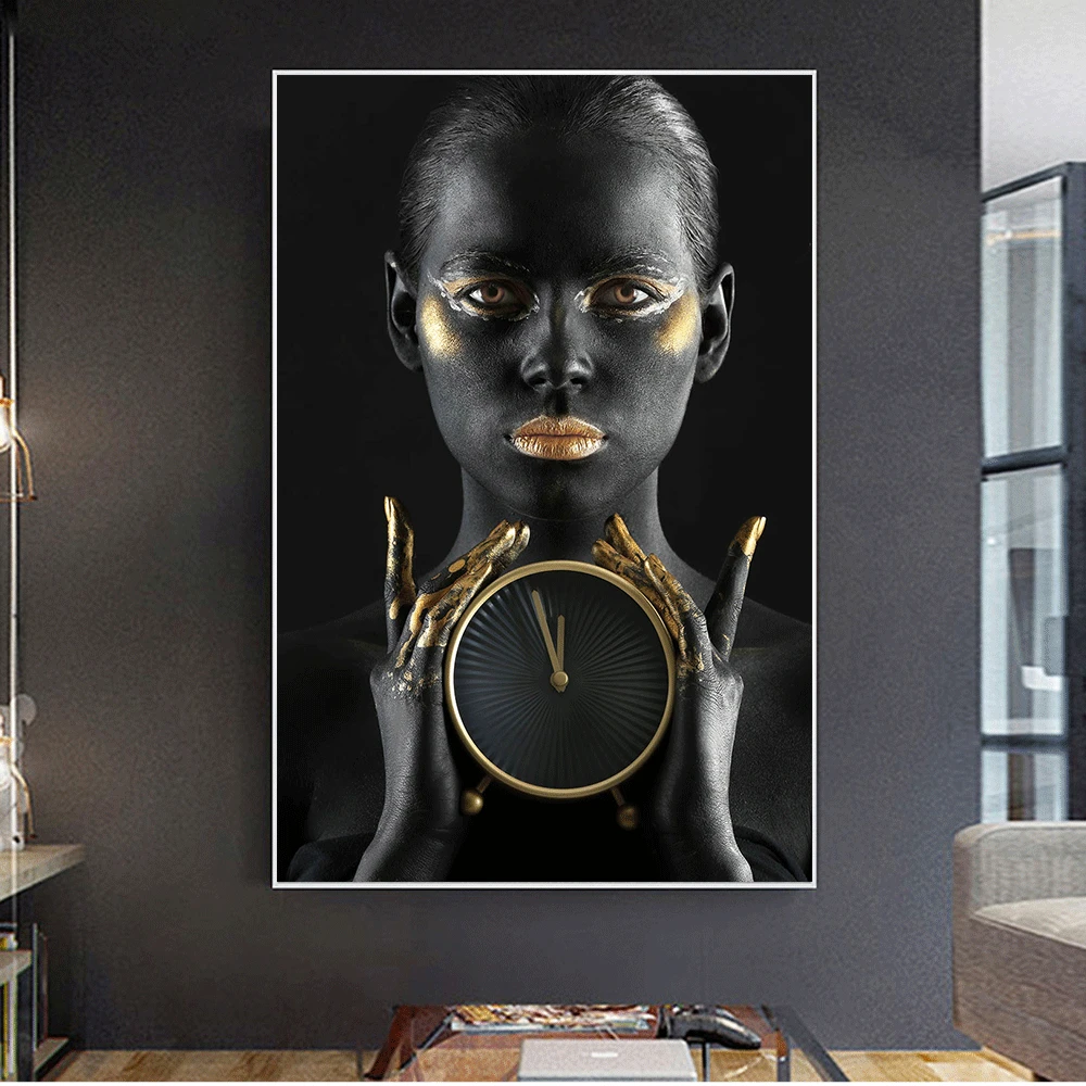African Black Women whith Golden Lips Holding Alarm Clock Canvas Painting Oil Wall Picture Poster Modern Art Decoration Home 
African Black Women whith Golden Lips Holding Alarm Clock Canvas Painting Oil Wall Picture Poster Modern Art Decoration Home