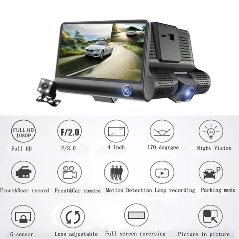 3 in 1 4 Inch Car DVR 170 Degree 1080P HD Dash Cam Dual Lens Dashcam with Camera Car Front Back Inside Video Recorder
3 in 1 4 Inch Car DVR 170 Degree 1080P HD Dash Cam Dual Lens Dashcam with Camera Car Front Back Inside Video Recorder