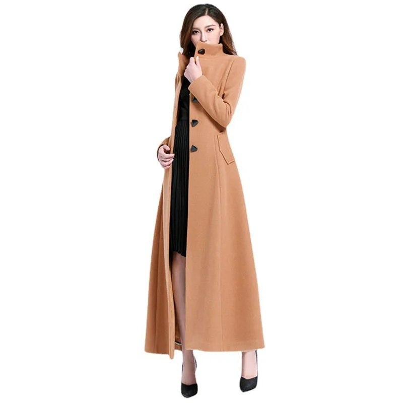 

Women Autumn Winter New Slim Stand Collar Woolen Trench Elegant Ladies Long Slim Coats Thick Warm Retro Female Woolen Coat F207