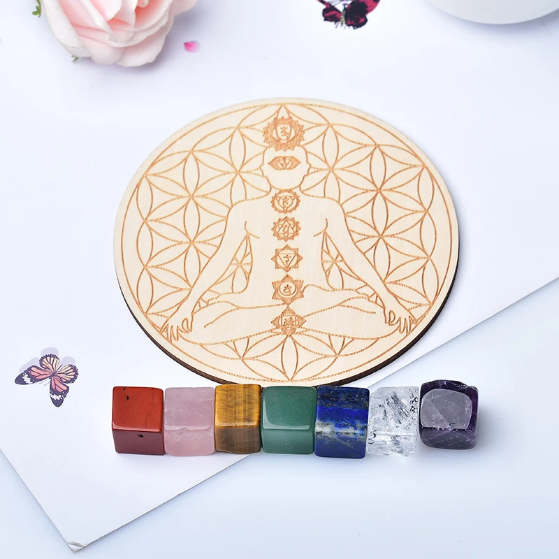 1Set Natural Crystal Stone Cube Mixed Seven Chakra Healing Star Array Wood Plate Yoga Home Decor Gift | Дом и сад