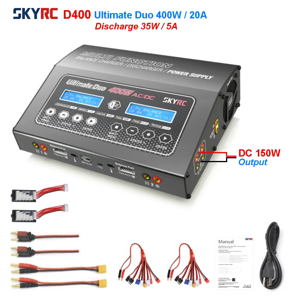 

SKYRC D400 400W 20A Dual Smart Balance Charger For 2-7S LiPo LiFe LiIon Battery Can be a DC150W Output Power Supply