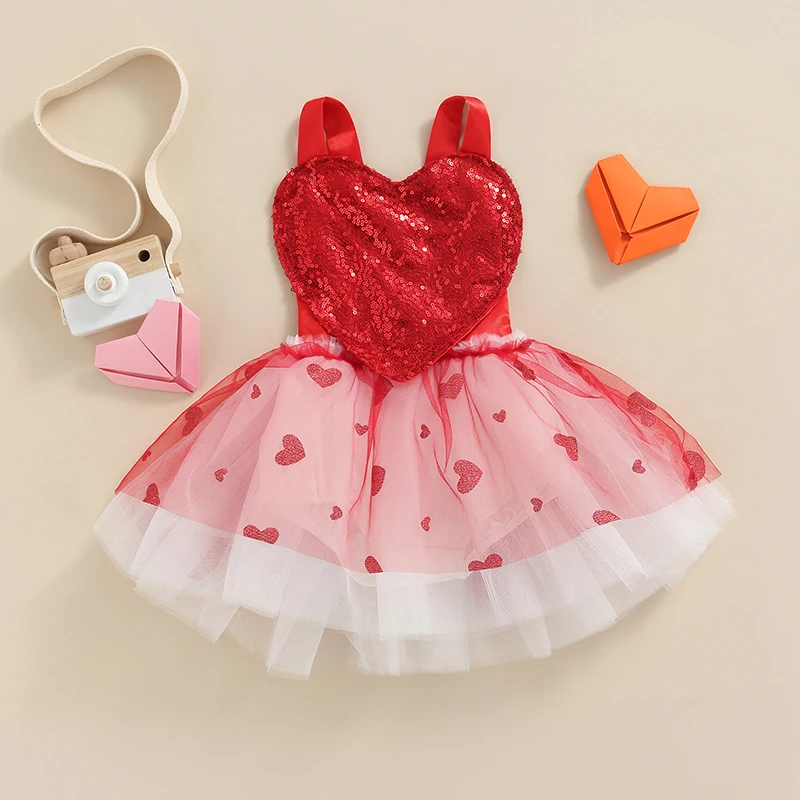 

Valentine's Day Romper Dress 0-24M Infant Baby Girls Dress Suspender Sequin Love-Heart Bodysuit Layered Tutu Mesh Princess Dress