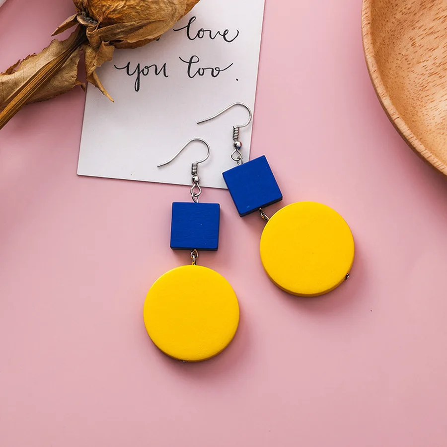 Yellow Blue Wood Cold Style Long Square Round Geometric Drop Earrings for Girl Women Fashion Jewelry Accessories | Украшения и