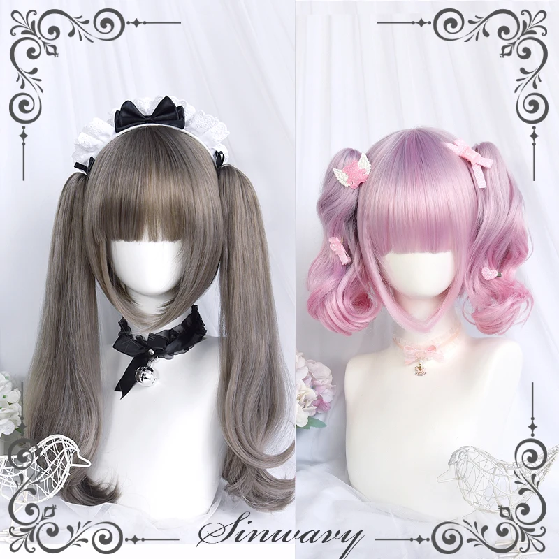 

Long Curly Wavy Ponytails Lolita Headwear Women Straight Harajuku Cute Bangs Chic Girls Brown Pink Cosplay Kawaii Accessories