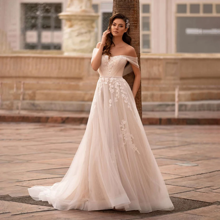 

Off the Shoulder Empire Waistline Elegant A-line Wedding Dress Beading Sash with Lace Applique Bridal Gowns