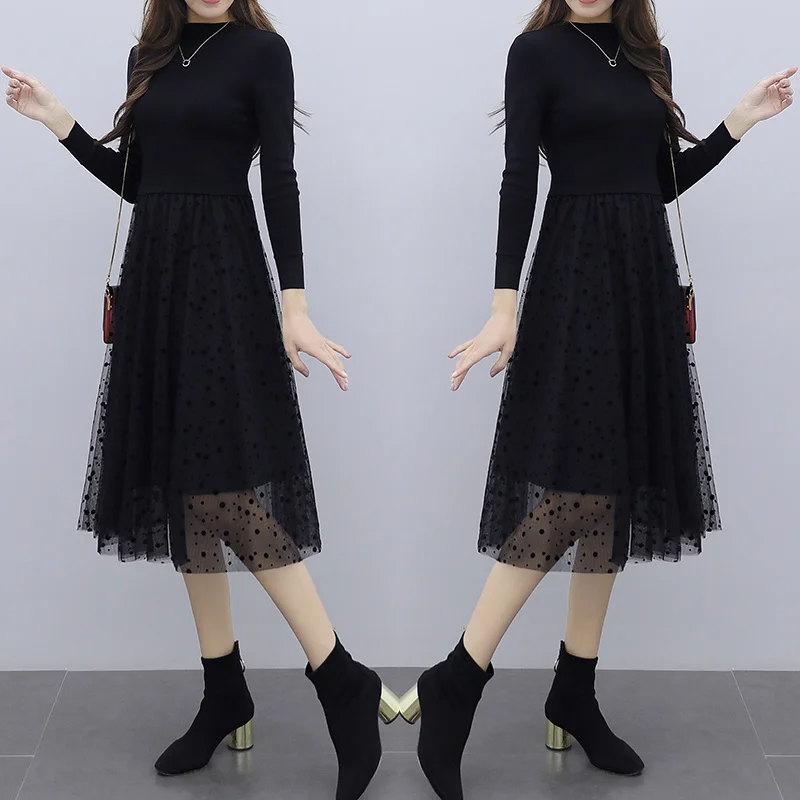 Осенне-зимнее вязаное платье женское длинное платье-свитер выше колена черное