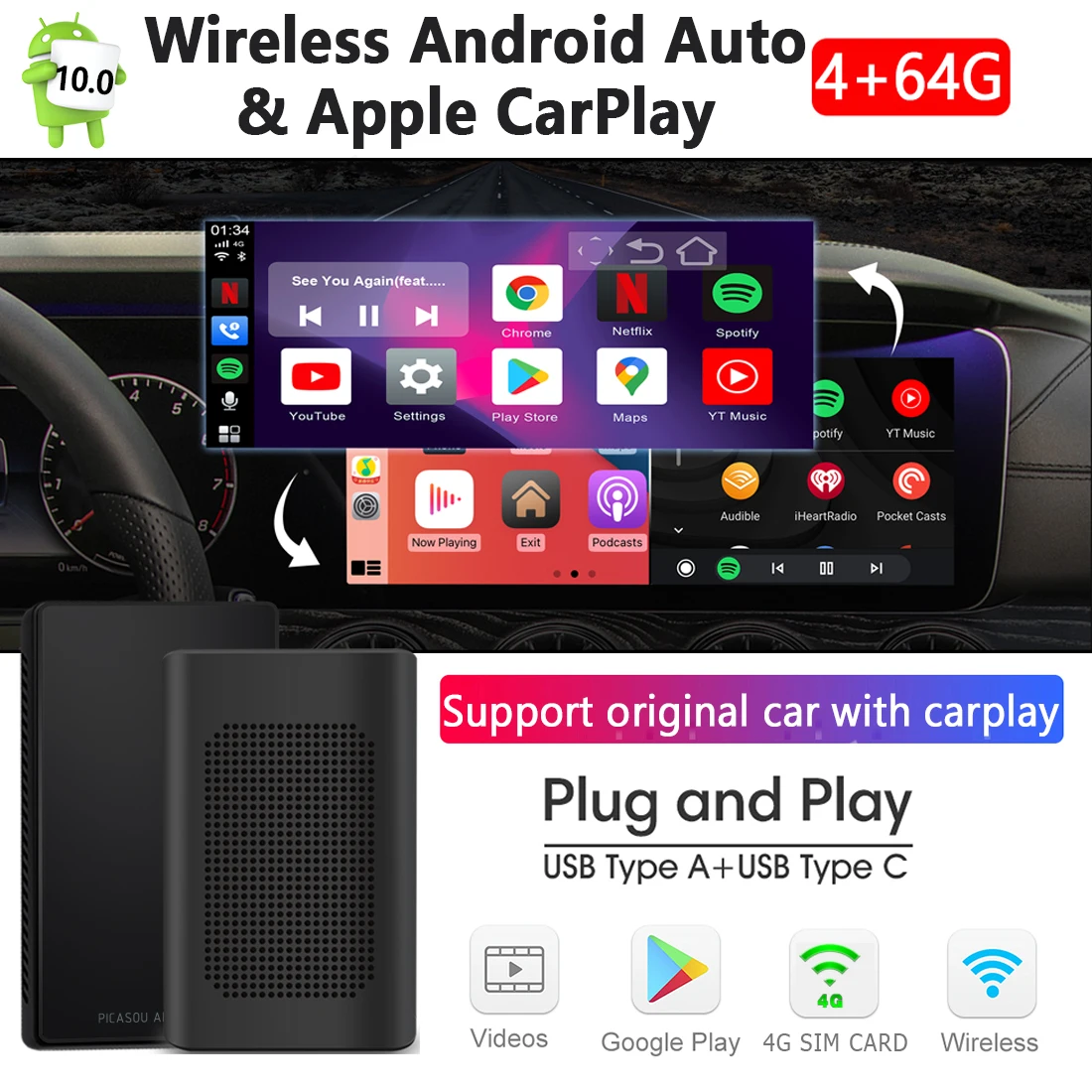 PICASOUAI Android auto CarPlay Ai Box 64GB Car Radio Gps Navigation Universal CAR MULTIMEDIA PLAYER For Nissian Toyota Carplay
PICASOUAI Android auto CarPlay Ai Box 64GB Car Radio Gps Navigation Universal CAR MULTIMEDIA PLAYER For Nissian Toyota Carplay