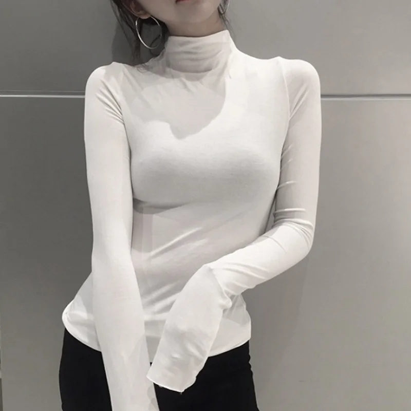 Pure Color Ladies Casual T Shirt Fashion Long Sleeved Bottoming Shirt High Neck Slim Harajuku Black And White All Match Top
Pure Color Ladies Casual T Shirt Fashion Long Sleeved Bottoming Shirt High Neck Slim Harajuku Black And White All Match Top