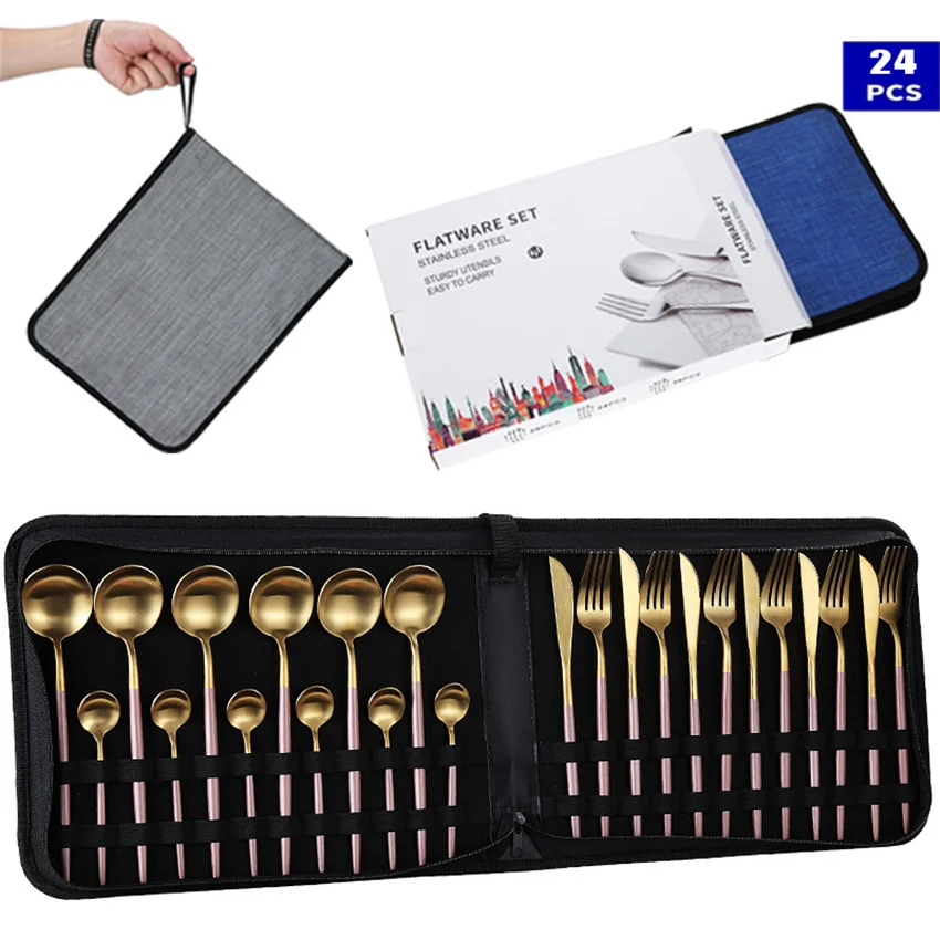 24pcs Portable Handbag Gold Stainless Steel Tableware Set Knife Fork Spoon Luxury Cutlery Set Gift Box Flatware Dishwasher Safe
24pcs Portable Handbag Gold Stainless Steel Tableware Set Knife Fork Spoon Luxury Cutlery Set Gift Box Flatware Dishwasher Safe