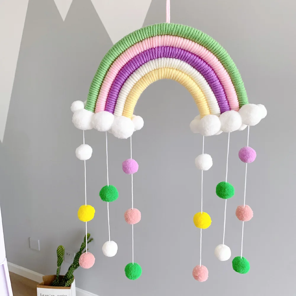 Украшение для детской комнаты настенное плетеное облако с шариком радужные
