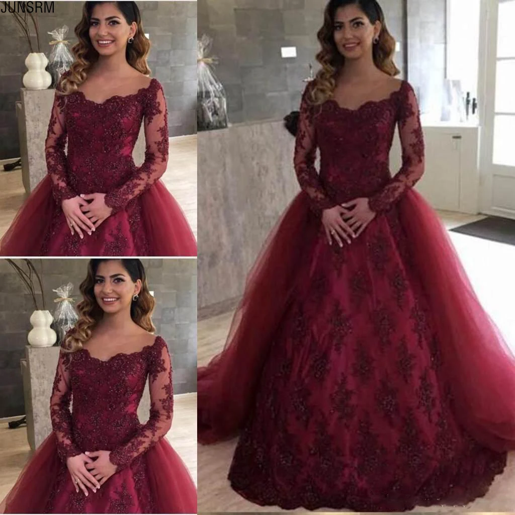 2020 Latest Wine Red Long Sleeve Evening Dresses Lace Up Back Appliques Tulle Prom Dresses Custom Made Birthday Party Dresses
2020 Latest Wine Red Long Sleeve Evening Dresses Lace Up Back Appliques Tulle Prom Dresses Custom Made Birthday Party Dresses