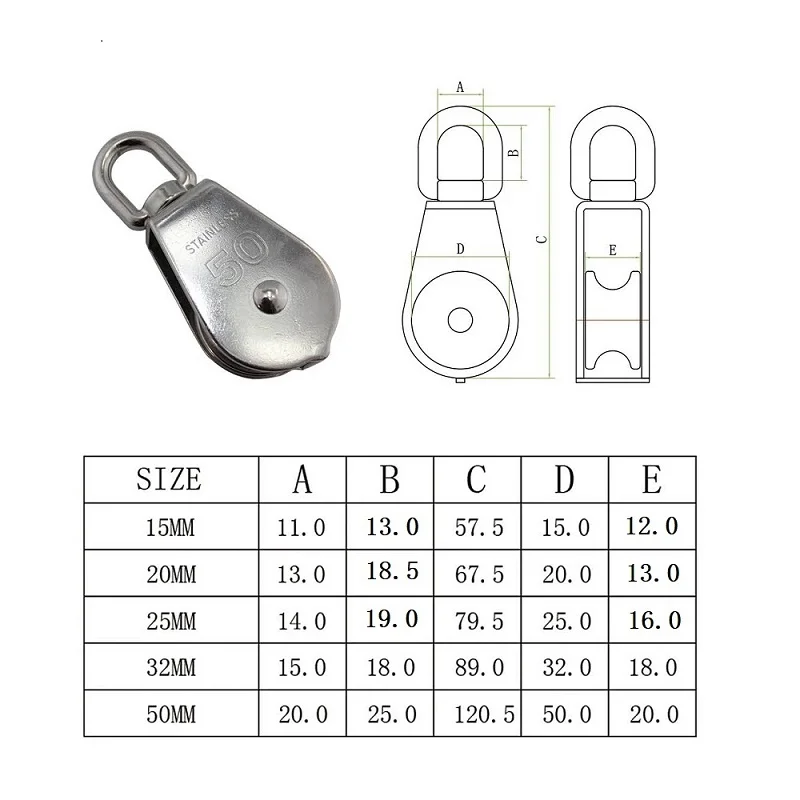 5PCS Stainless Steel 304 Single Sheave Swivel Eye Rope Pulley 15mm 20mm 25mm 32mm 50mm Rigging Hardware Lifting Swivel Pulley
5PCS Stainless Steel 304 Single Sheave Swivel Eye Rope Pulley 15mm 20mm 25mm 32mm 50mm Rigging Hardware Lifting Swivel Pulley