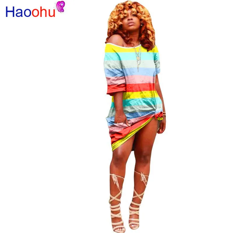 Платье HAOOHU в радужную полоску большого размера, женская одежда, платья, повседневные свободные мини-платья, платье-футболка с коротким рука... 
Платье HAOOHU в радужную полоску большого размера, женская одежда, платья, повседневные свободные мини-платья, платье-футболка с коротким рука...