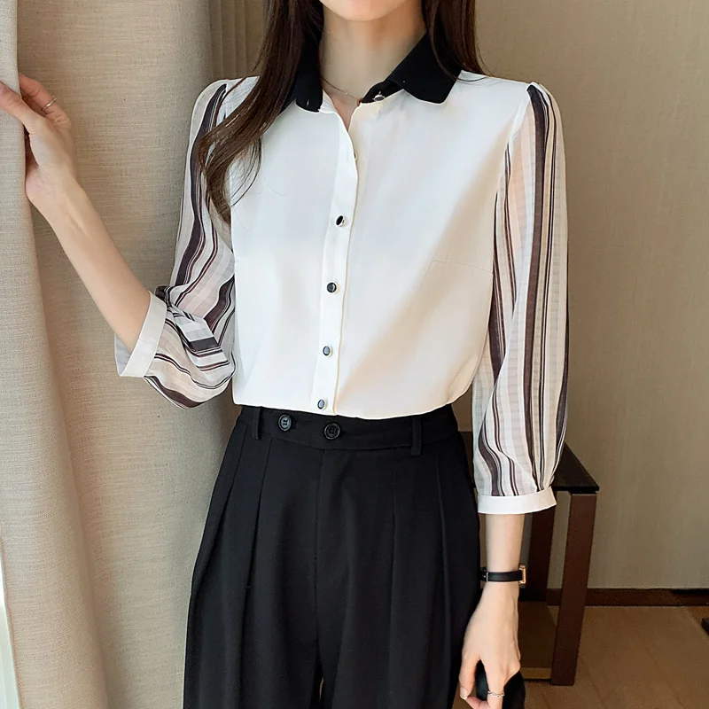 Korean Women's Shirt Chiffon Blouses for Women Sleeveless Shirt Female Top White Polo Neck Blouse Top Female Woman Striped Shirt
Korean Women's Shirt Chiffon Blouses for Women Sleeveless Shirt Female Top White Polo Neck Blouse Top Female Woman Striped Shirt